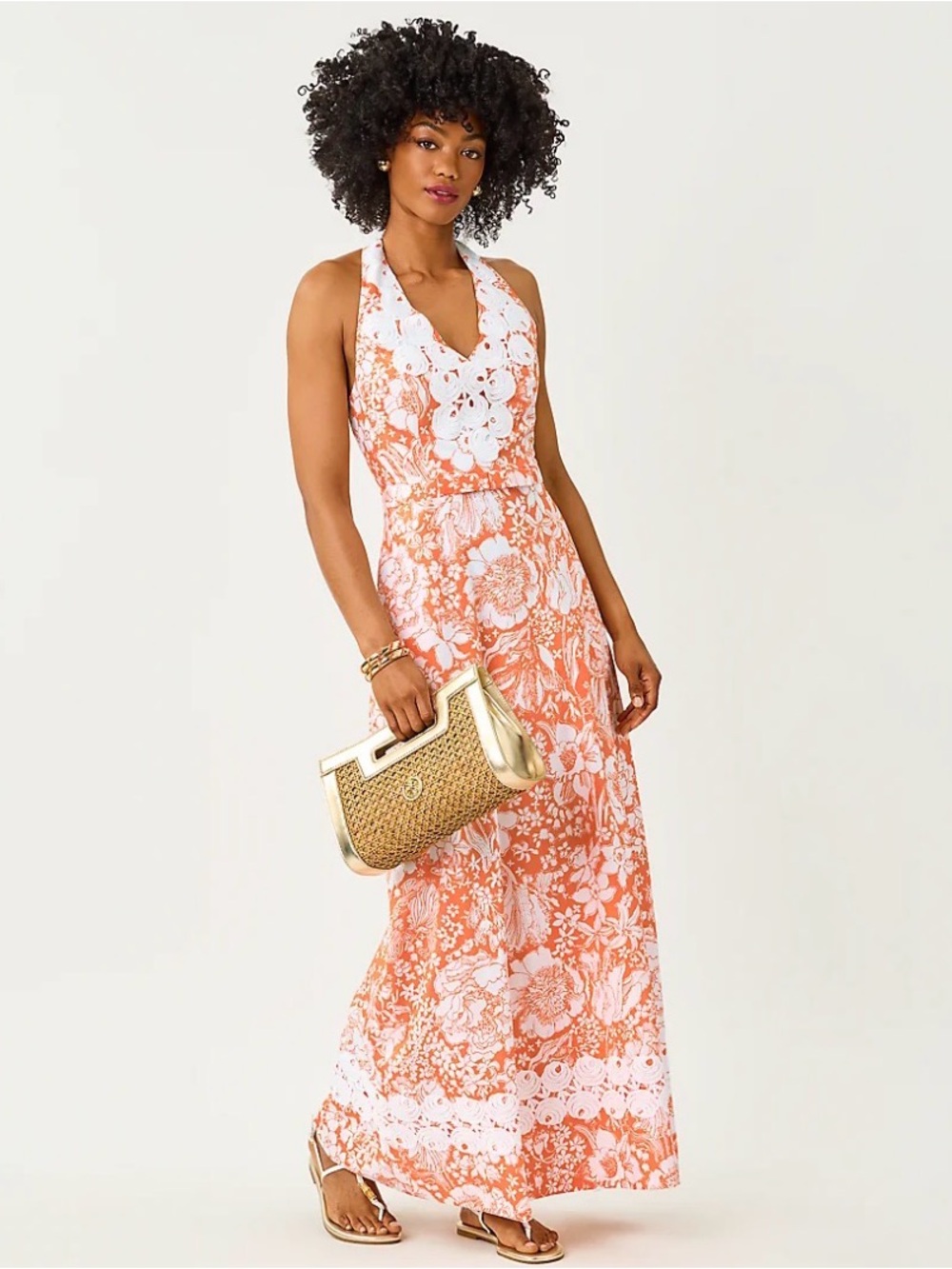 Lilly Pulitzer Coral and White Floral Halter Maxi Dress